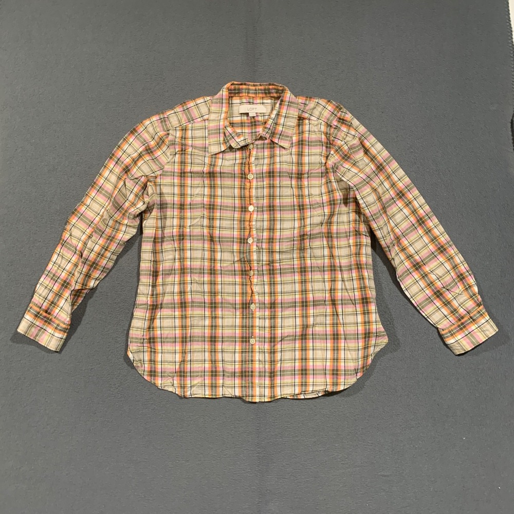 LOFT Button Down Shirt Womens Large Plaid Orange Pink Cotton Casual Madras Top